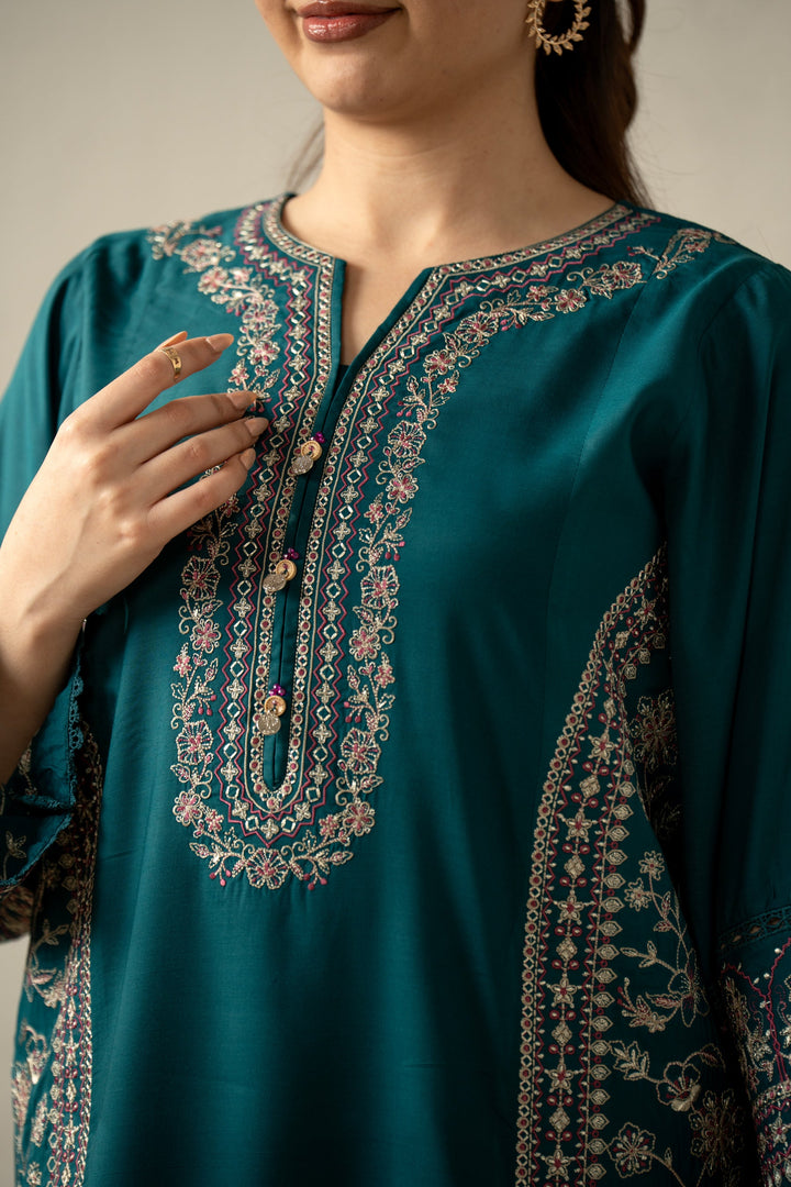Embroidered Raw Silk Teal Stitched Suit - Zeen