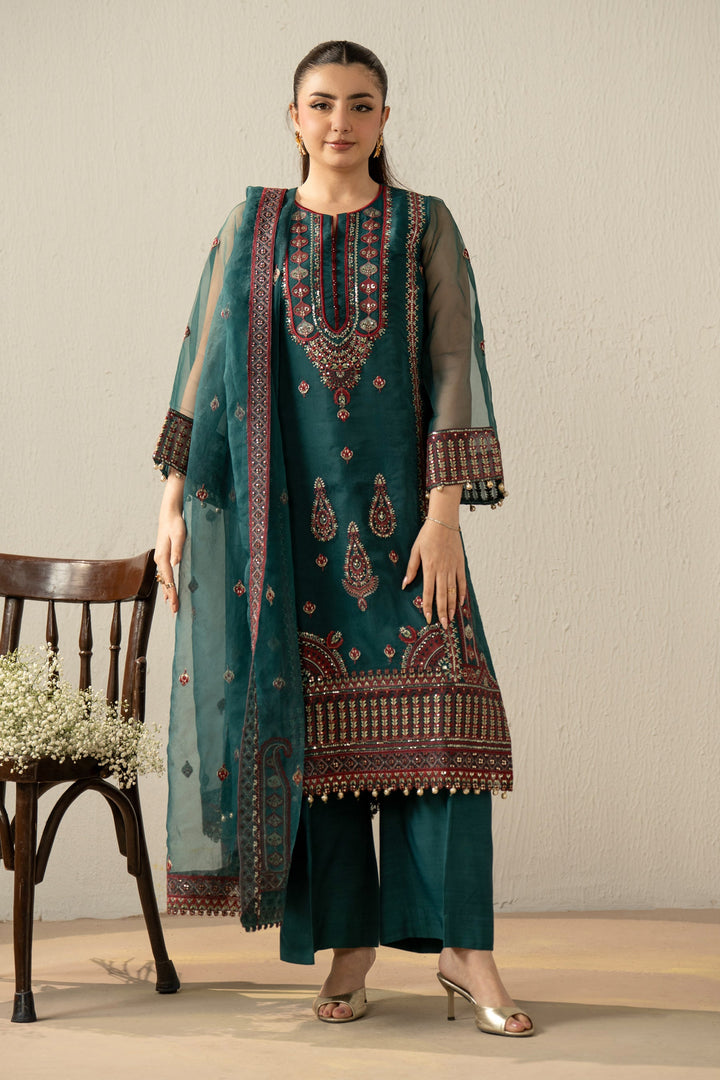 Embroidered Organza Dark Green Stitched Suit - Zeen
