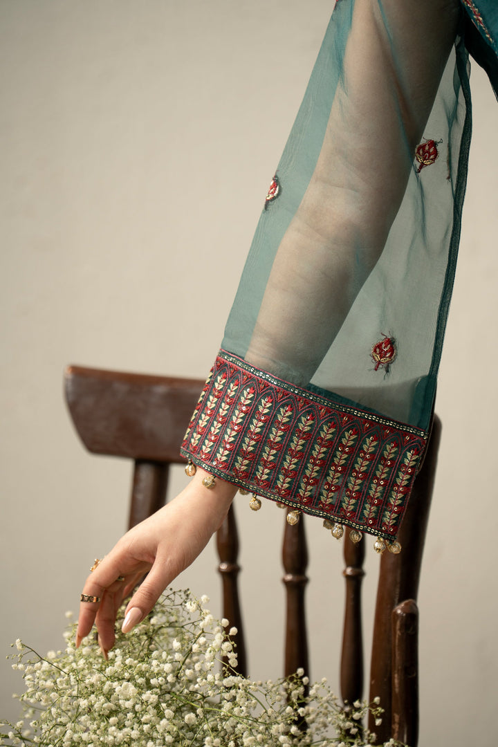 Embroidered Organza Dark Green Stitched Suit - Zeen