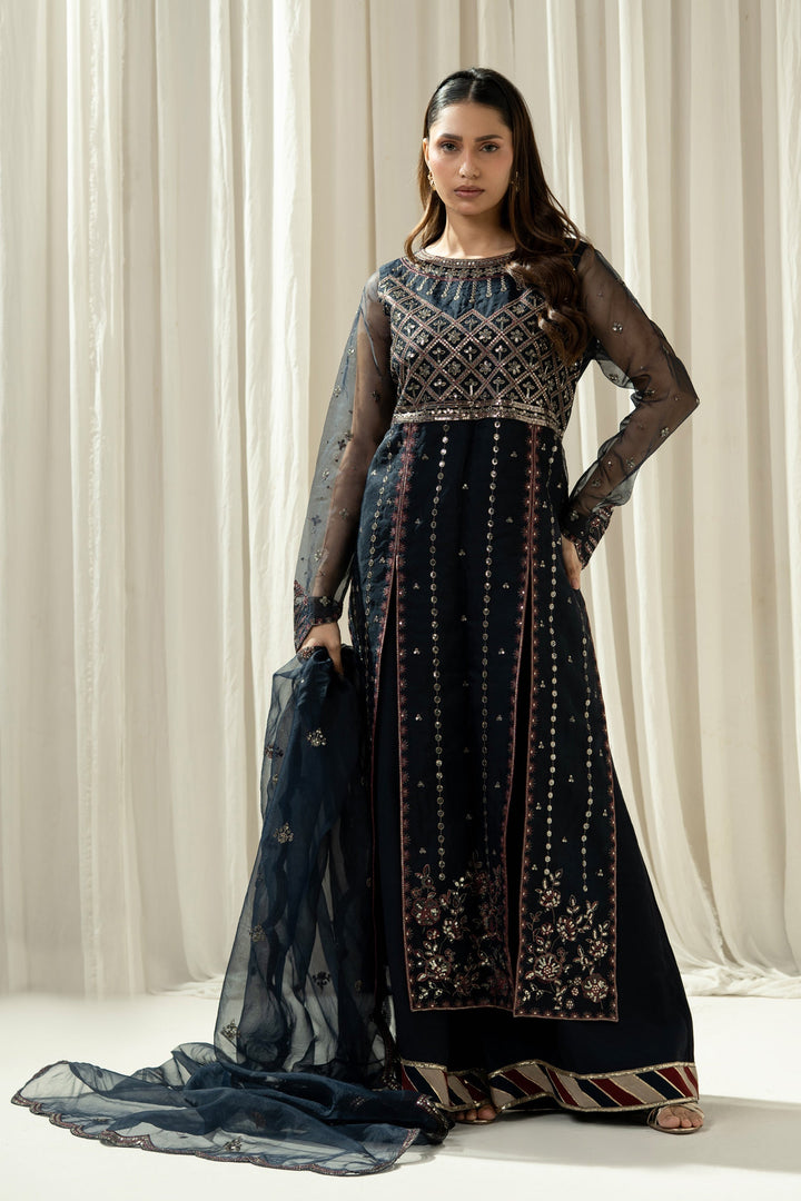 Embroidered Organza Deep Blue Stitched Suit - Zeen