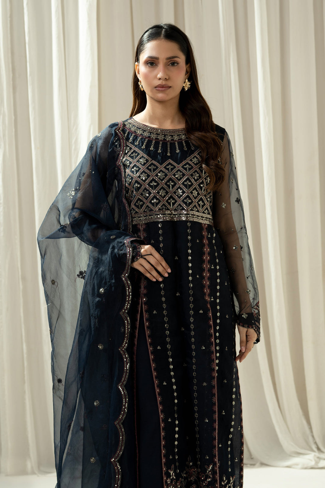 Embroidered Organza Deep Blue Stitched Suit - Zeen