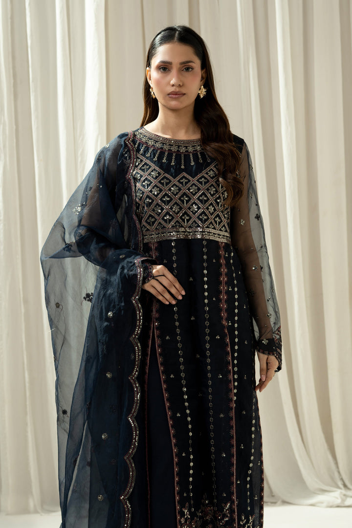 Embroidered Organza Deep Blue Stitched Suit - Zeen