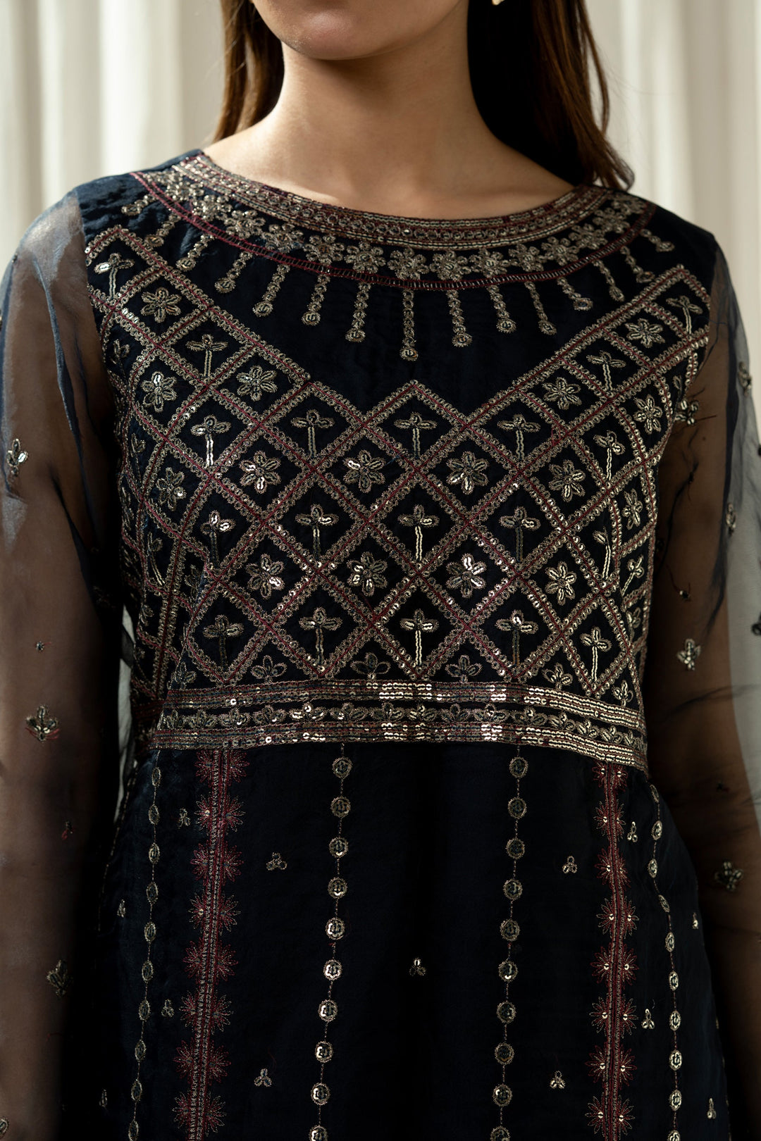 Embroidered Organza Deep Blue Stitched Suit - Zeen