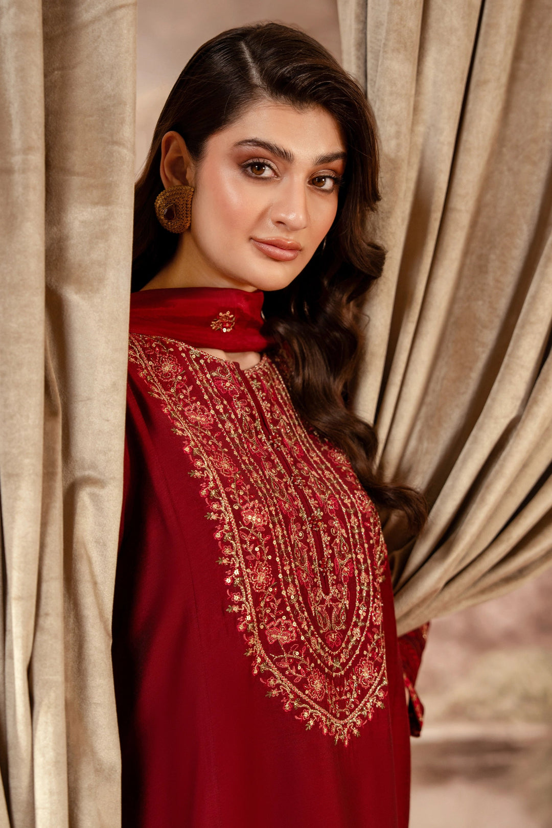 Embroidered Cotton Silk Red Stitched Suit - Zeen
