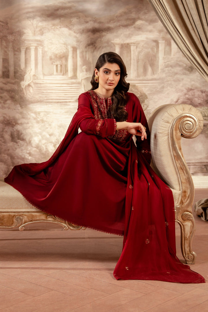 Embroidered Cotton Silk Red Stitched Suit - Zeen