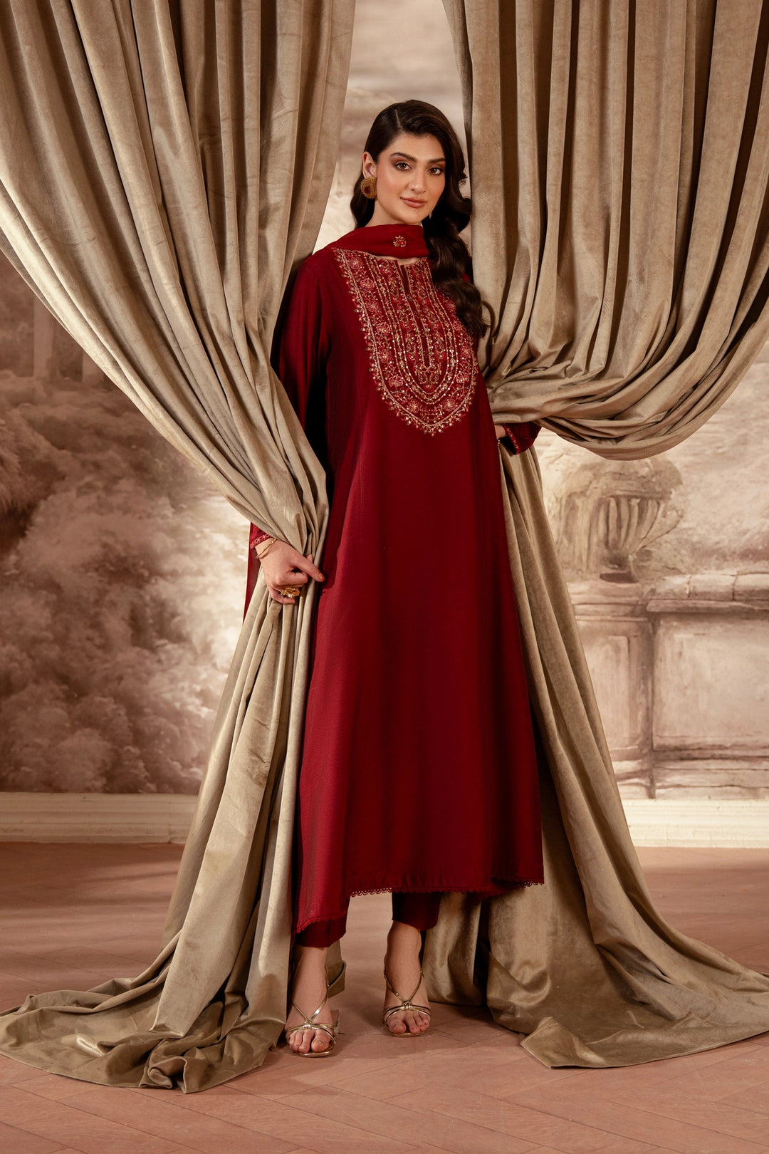 Embroidered Cotton Silk Red Stitched Suit - Zeen