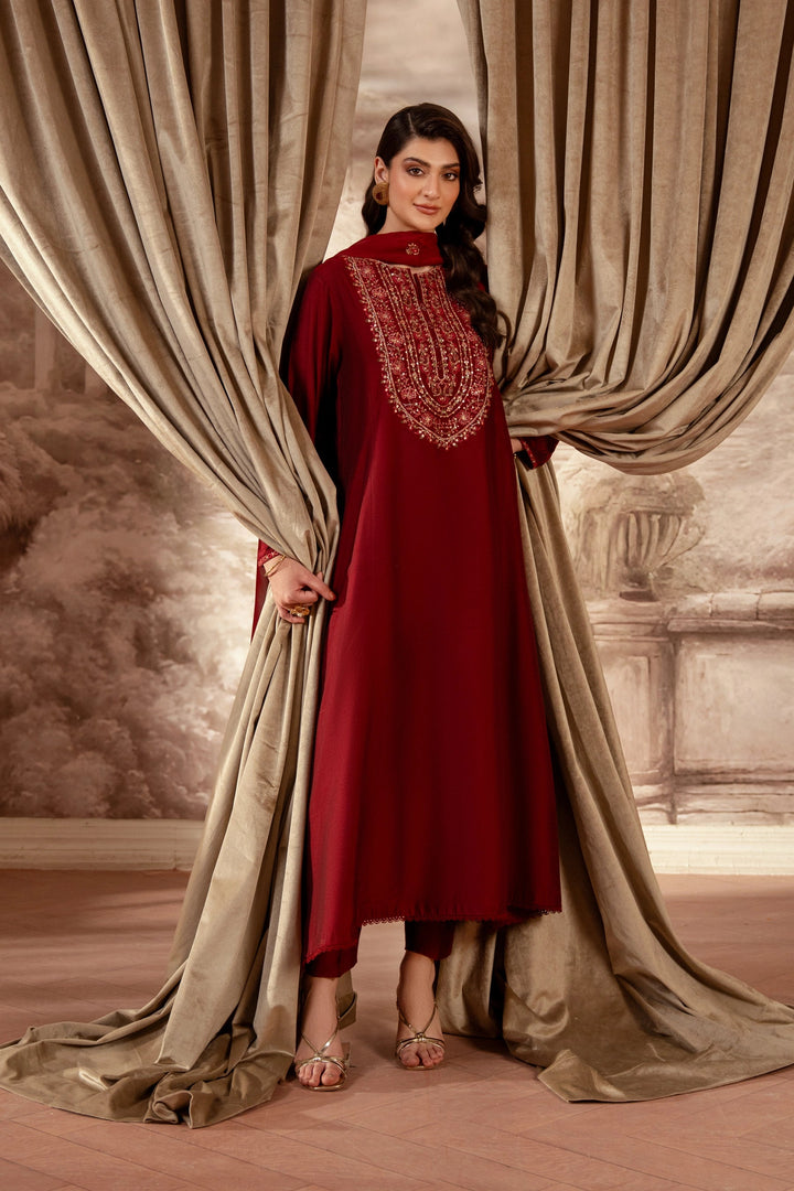 Embroidered Cotton Silk Red Stitched Suit - Zeen
