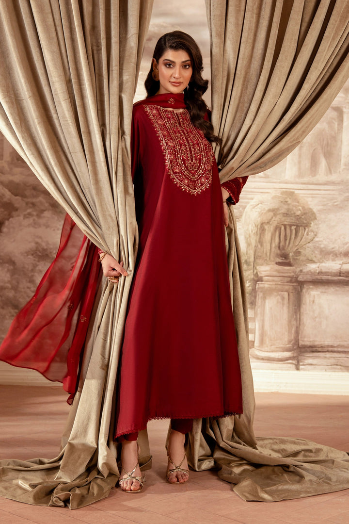 Embroidered Cotton Silk Red Stitched Suit - Zeen