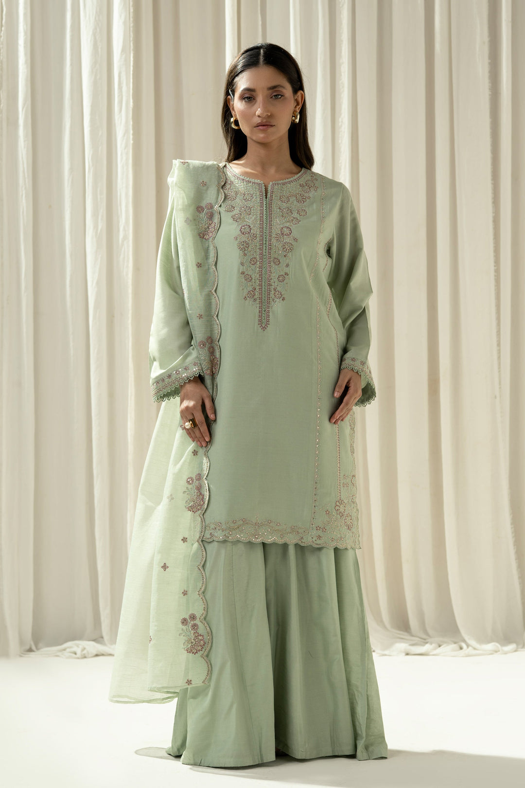 Embroidered Cotton Silk Light Green Stitched Suit - Zeen