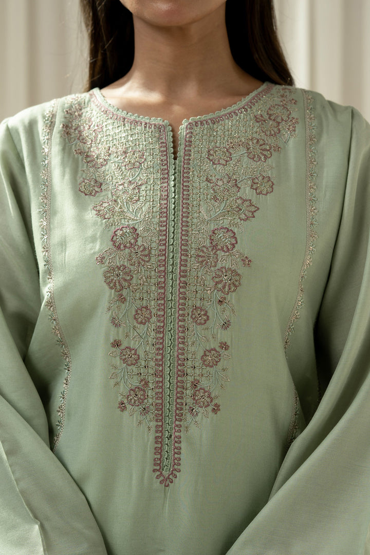 Embroidered Cotton Silk Light Green Stitched Suit - Zeen