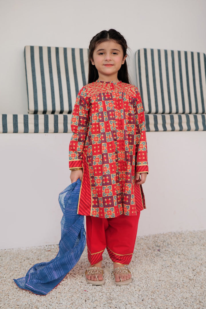Cotton Gold Lawn Printed Red Stitched Suit - Senorita