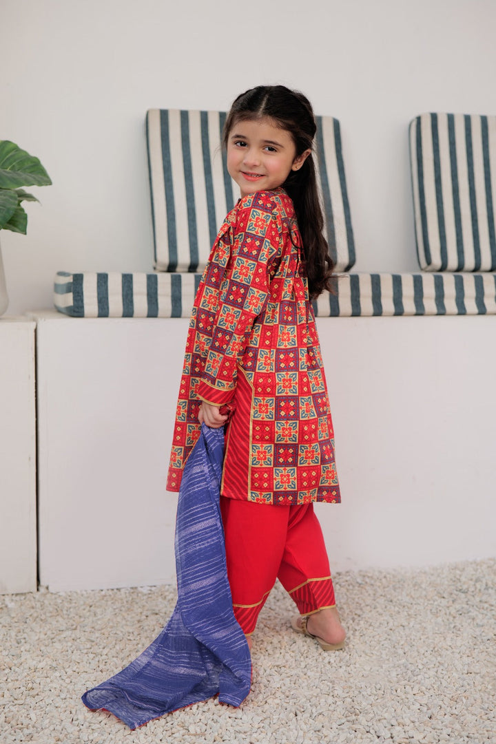 Cotton Gold Lawn Printed Red Stitched Suit - Senorita