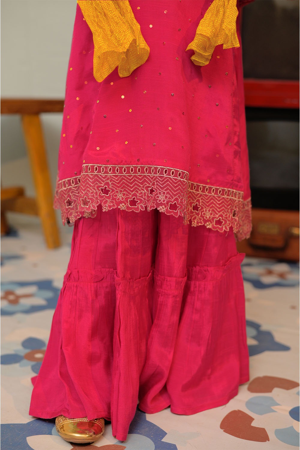 Viscose Raw Silk Shocking Pink Stitched Suit - Senorita