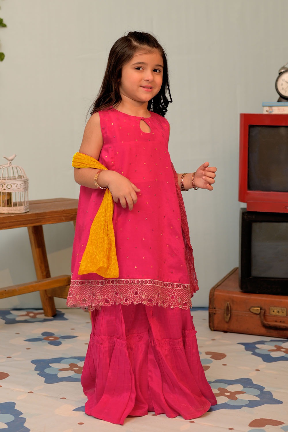 Viscose Raw Silk Shocking Pink Stitched Suit - Senorita