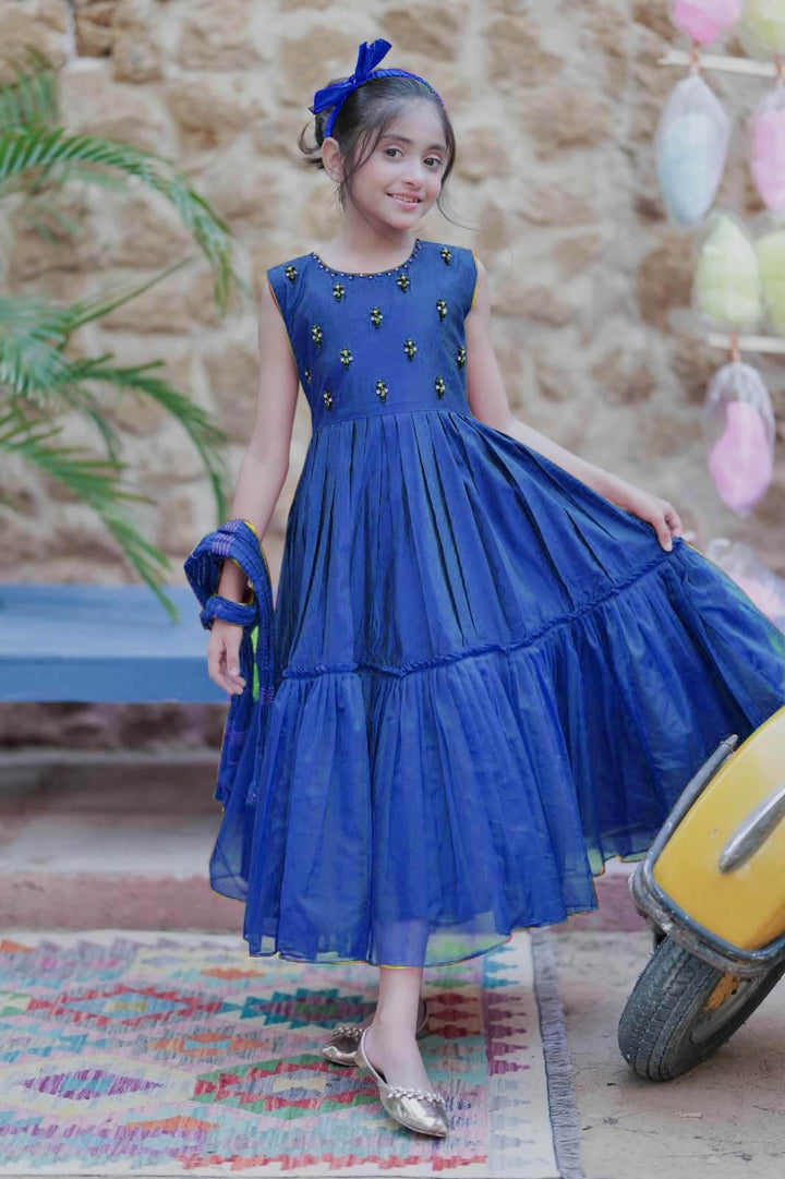 Viscose Chambray Katan Navy Blue & Gold Stitched Suit - Senorita