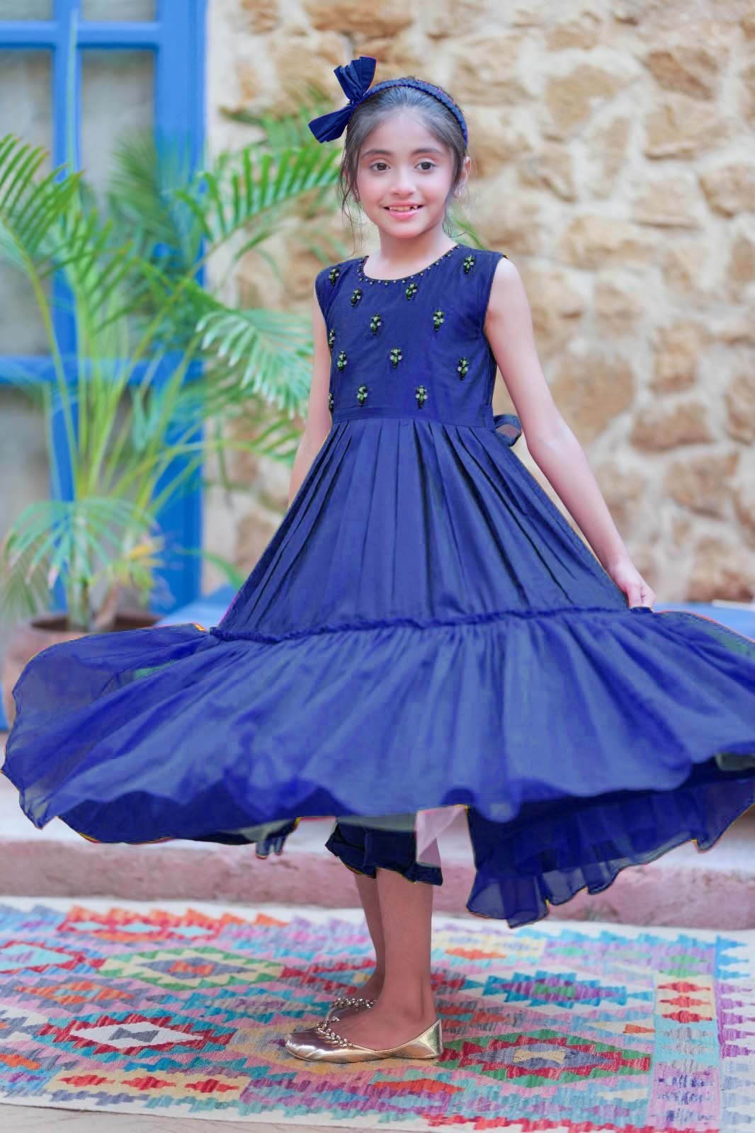Viscose Chambray Katan Navy Blue & Gold Stitched Suit - Senorita