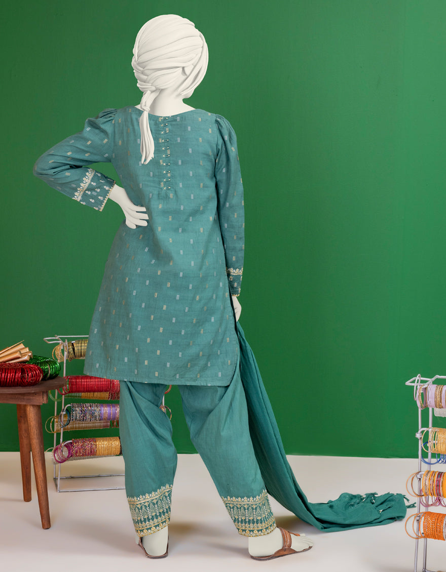 Textured Green 3 Piece Stitched Suit - J. Junaid Jamshed