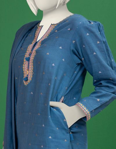 Textured Blue 3 Piece Stitched Suit - J. Junaid Jamshed