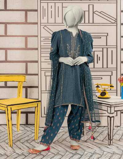 Textured Blue Stitched Suit - J. Junaid Jamshed