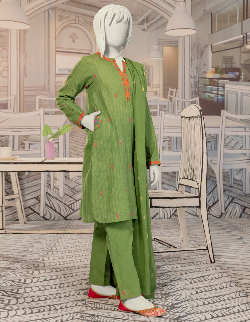 Textured Green Stitched Suit - J. Junaid Jamshed