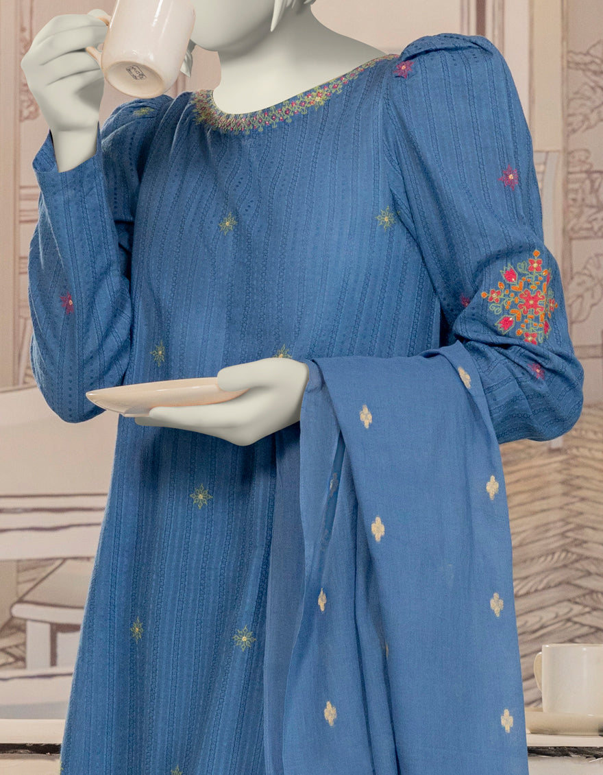 Textured Blue Stitched Suit - J. Junaid Jamshed