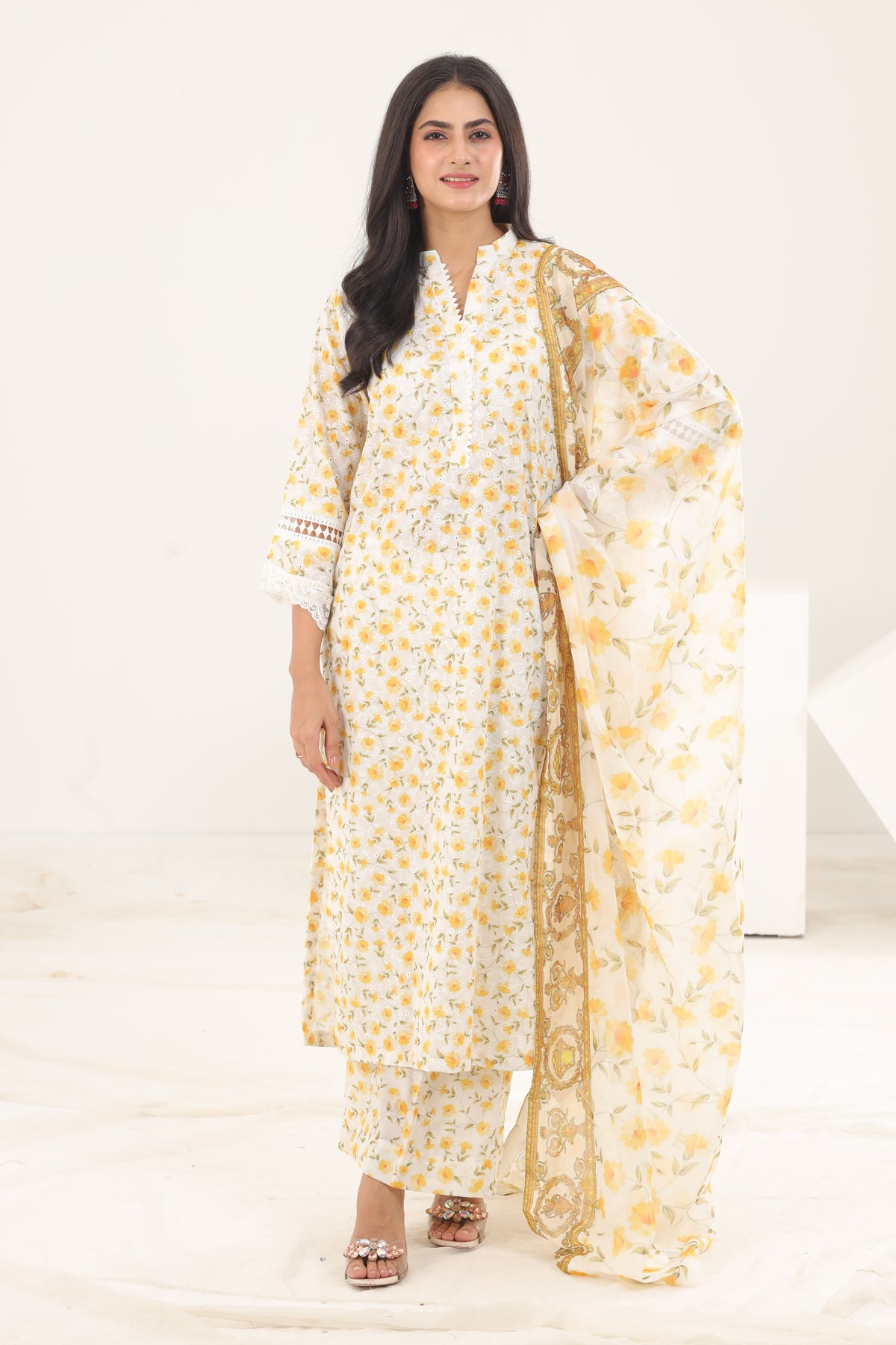 Chikankari Yellow 3 Piece Suit - Stonez