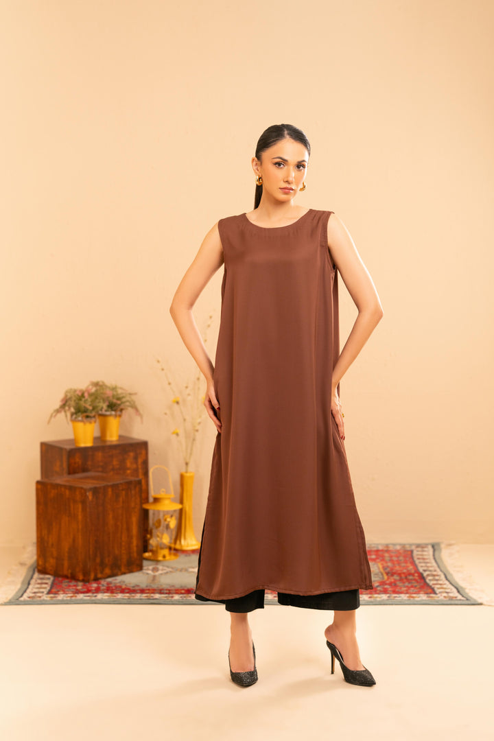 Sleeveless Cocoa Satin Slip Dress