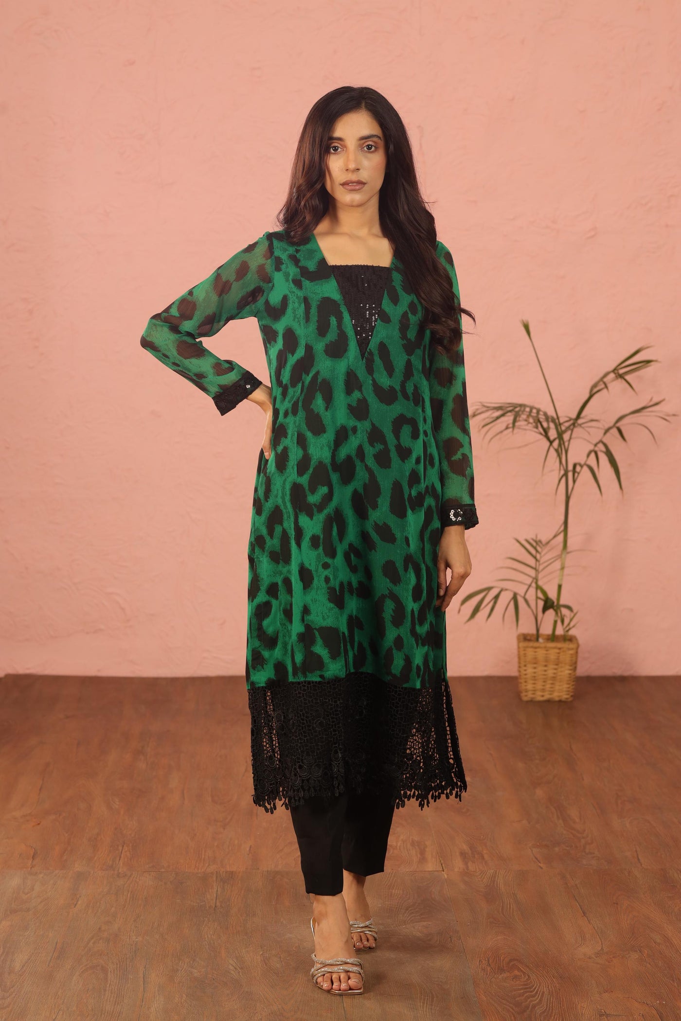 Georgette Green Kurti - Stonez