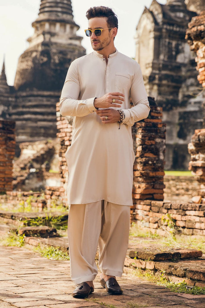 Polyester Viscose Cream Shalwar Kameez - Almirah