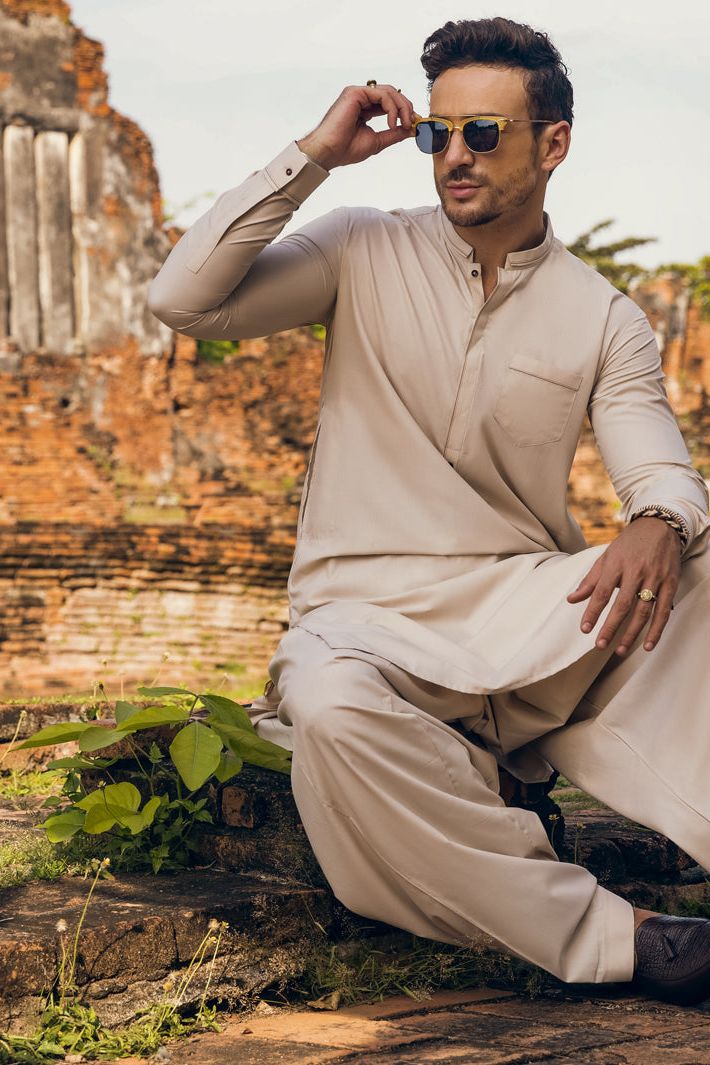 Polyester Viscose Cream Shalwar Kameez - Almirah