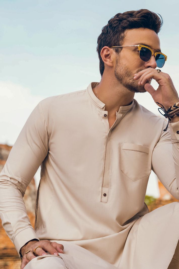 Polyester Viscose Cream Shalwar Kameez - Almirah
