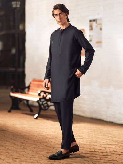 Blended Navy Blue Kurta Trouser- Almirah