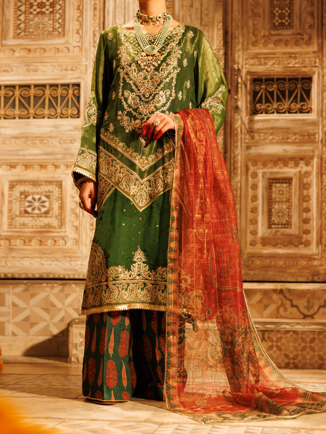 Mesuri Net Mehndi Green Stitched Suit - Almirah