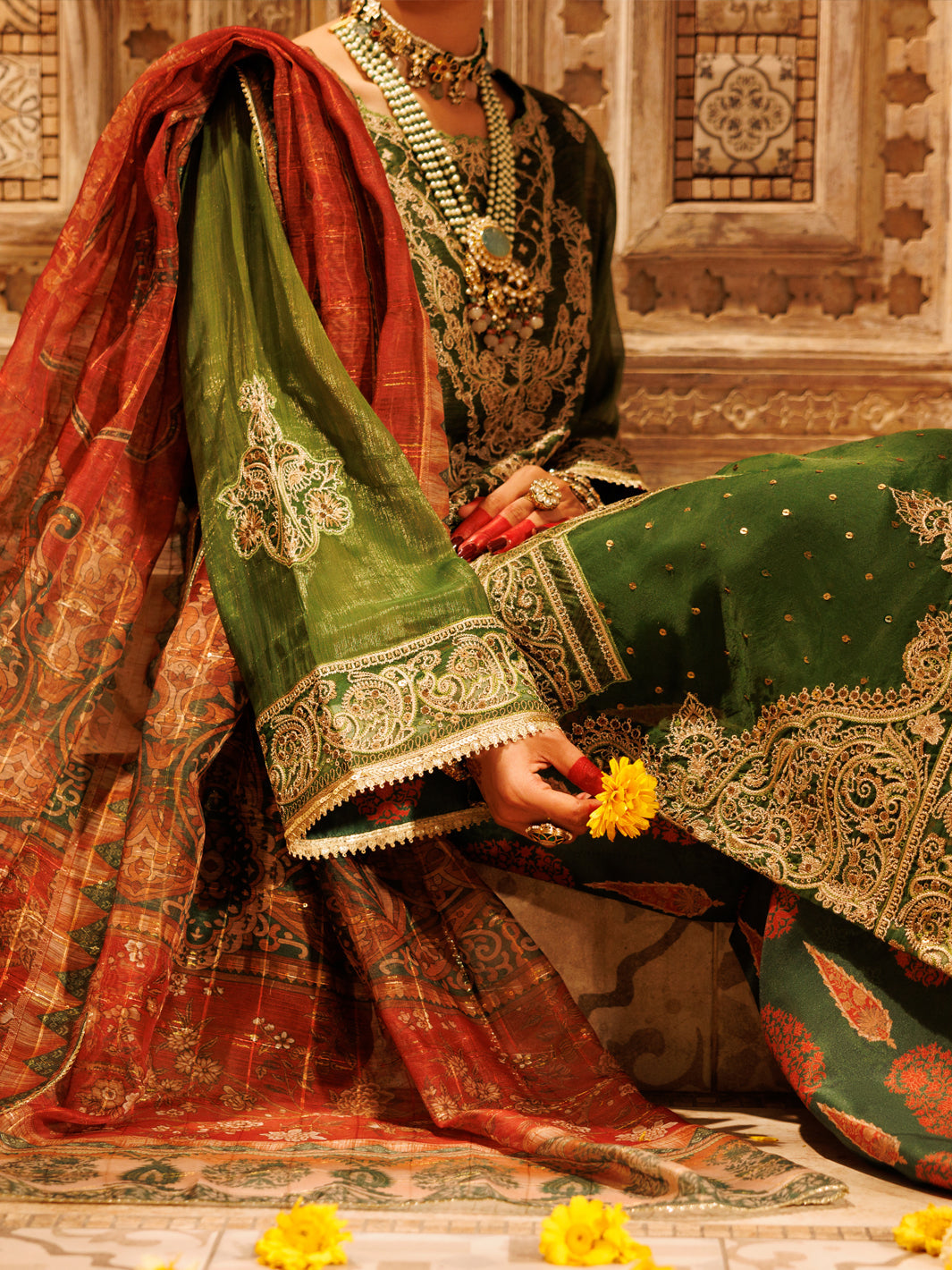 Mesuri Net Mehndi Green Stitched Suit - Almirah