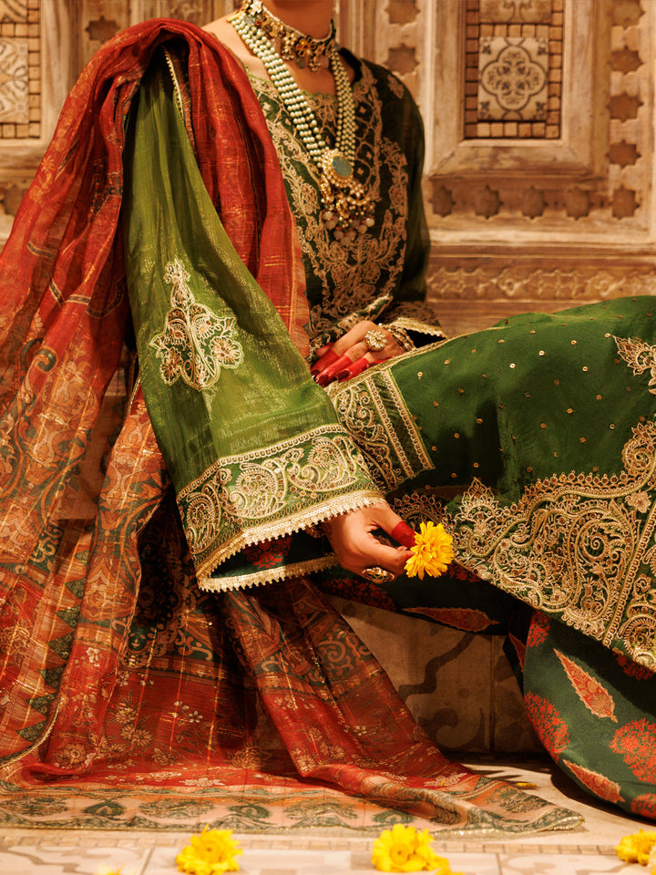 Mesuri Net Mehndi Green Stitched Suit - Almirah