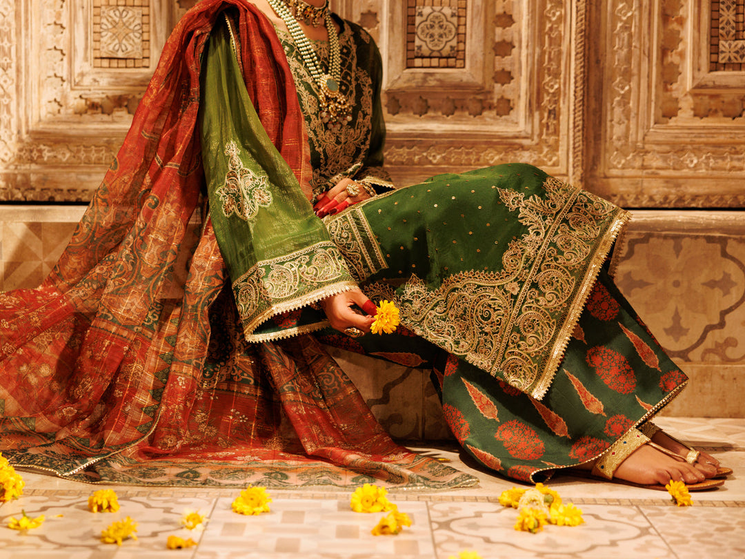 Mesuri Net Mehndi Green Stitched Suit - Almirah