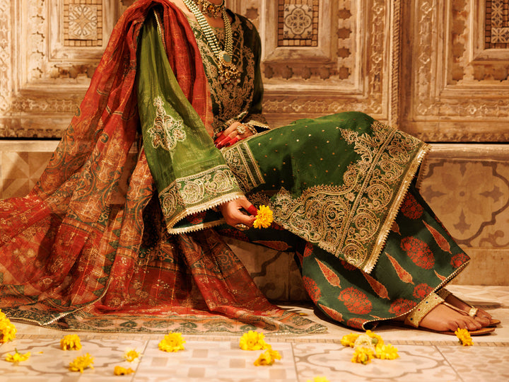 Mesuri Net Mehndi Green Stitched Suit - Almirah