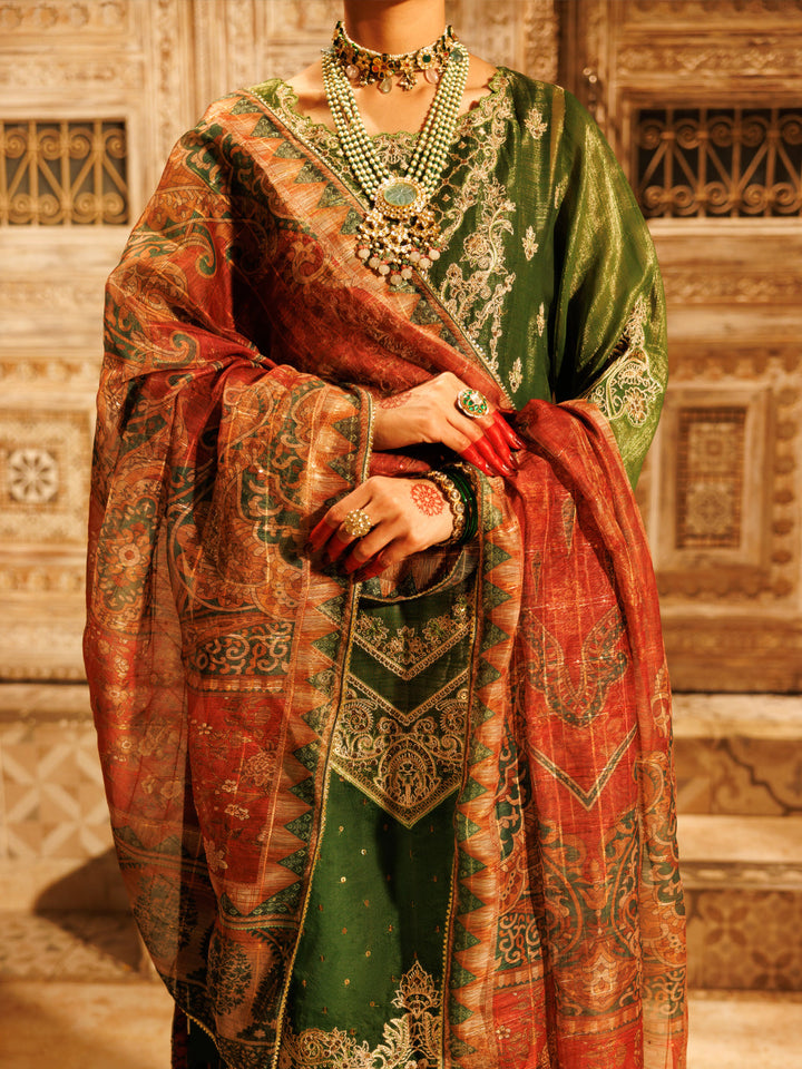 Mesuri Net Mehndi Green Stitched Suit - Almirah