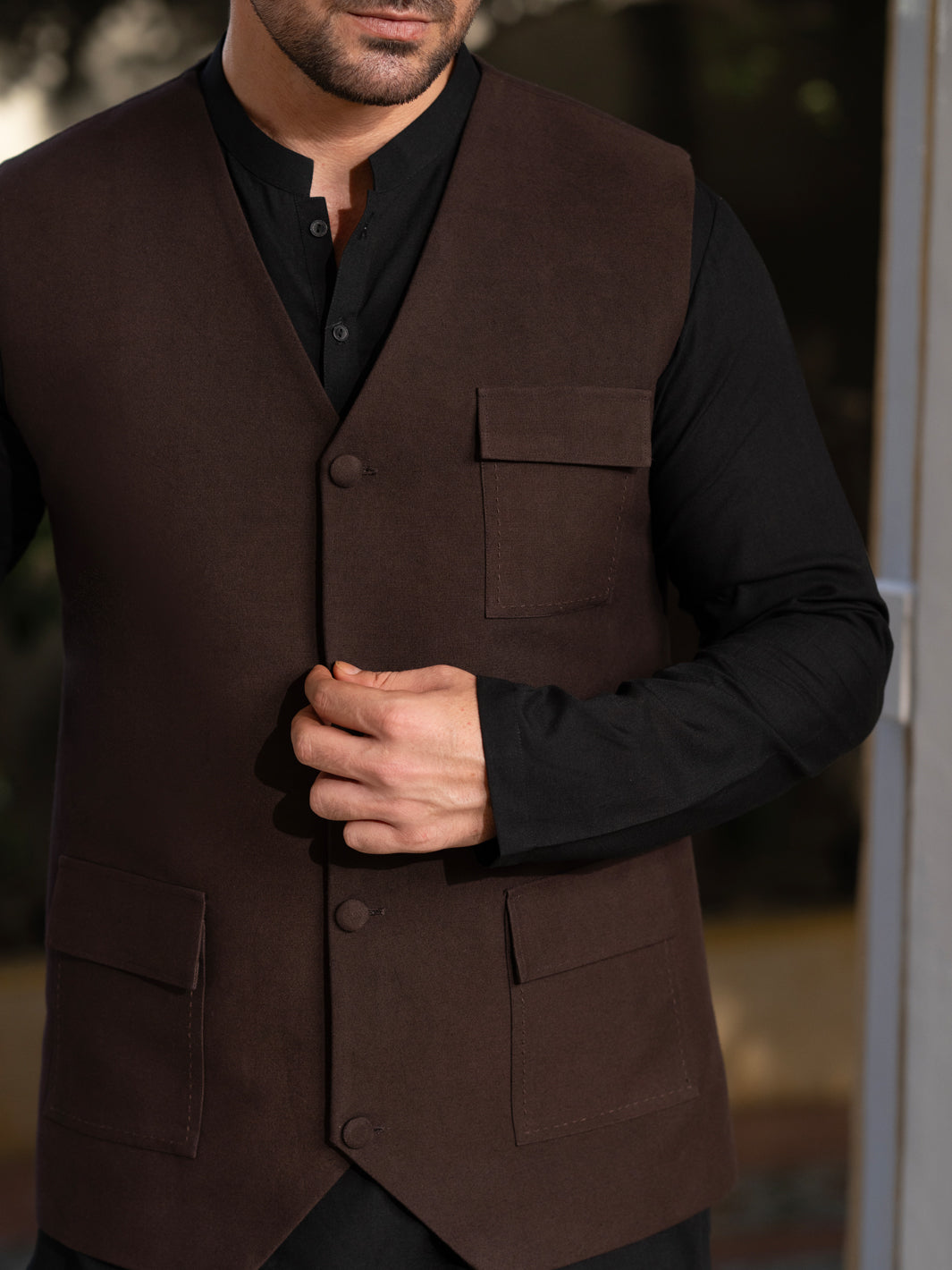 Blended Dark Brown Waist Coat Suit - J. Junaid Jamshed