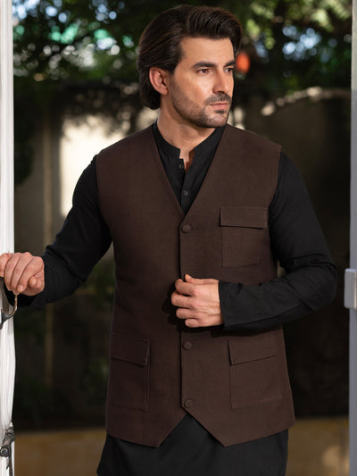 Blended Dark Brown Waist Coat Suit - J. Junaid Jamshed