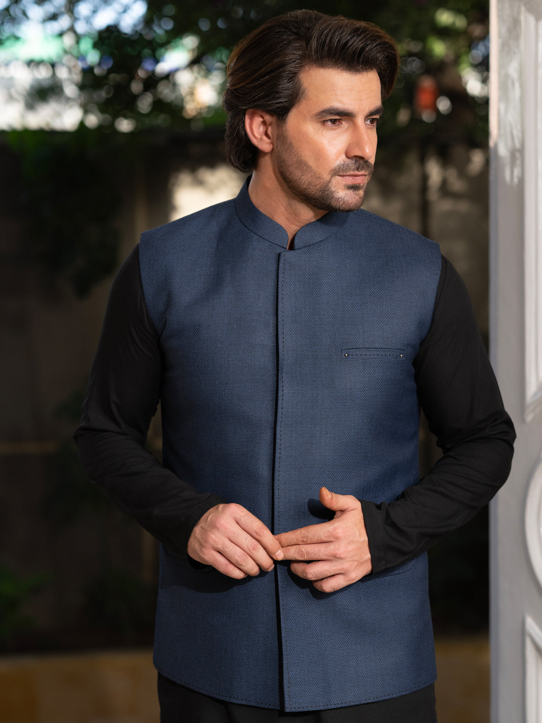 Blended Navy Blue Waist Coat Suit - J. Junaid Jamshed
