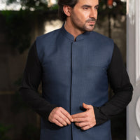 Blended Navy Blue Waist Coat Suit - J. Junaid Jamshed
