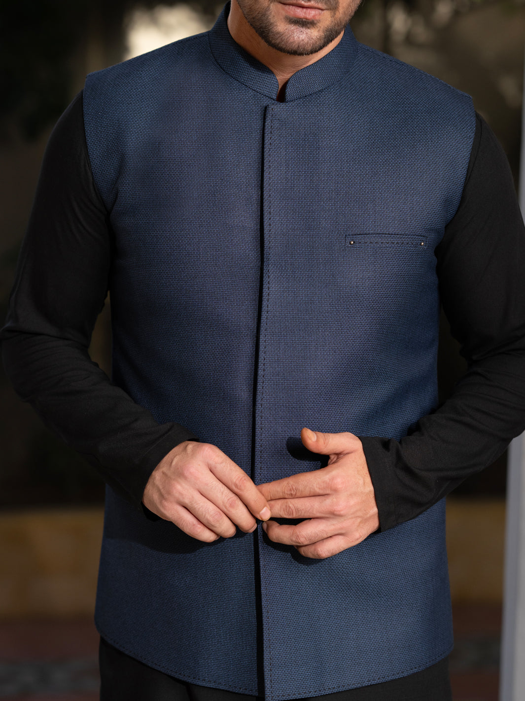 Blended Navy Blue Waist Coat Suit - J. Junaid Jamshed