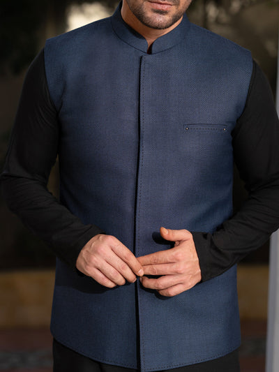 Blended Navy Blue Waist Coat Suit - J. Junaid Jamshed