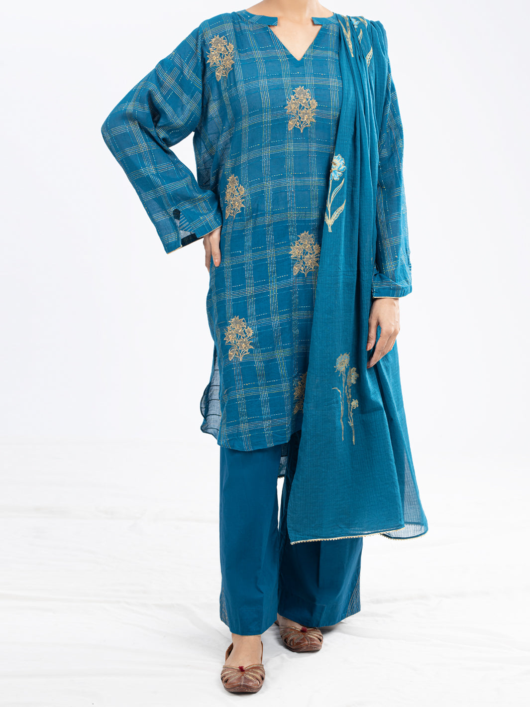 Cotton Dobby Teal Unstitched Suit - Almirah