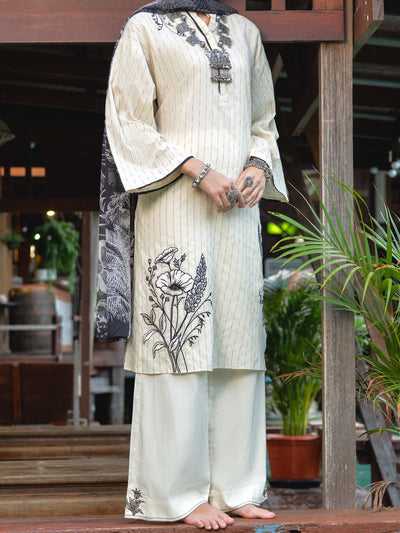 Lino Kara Off white Stitched Suit - Almirah