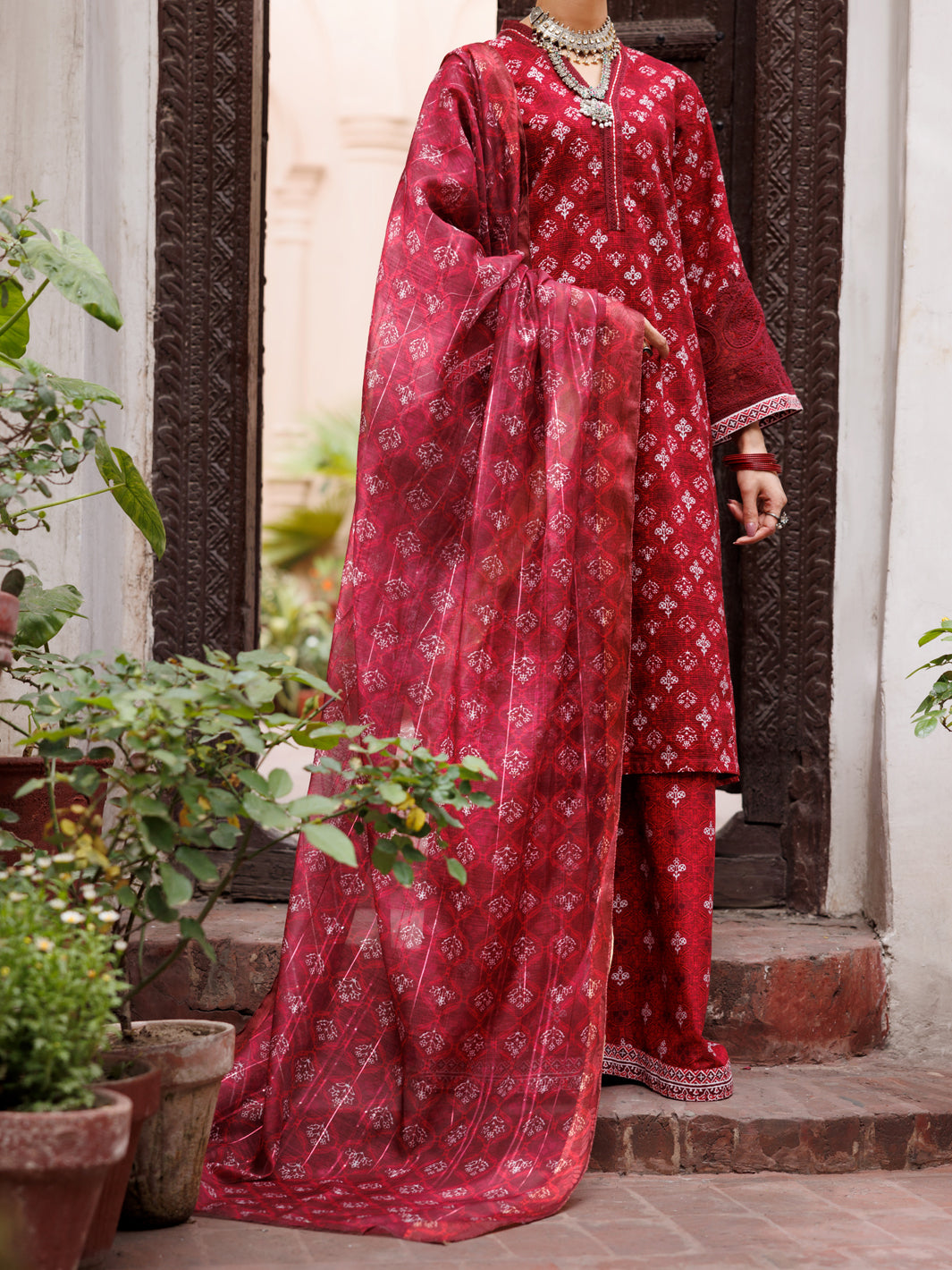 Square Dobby Maroon Unstitched Suit - Almirah