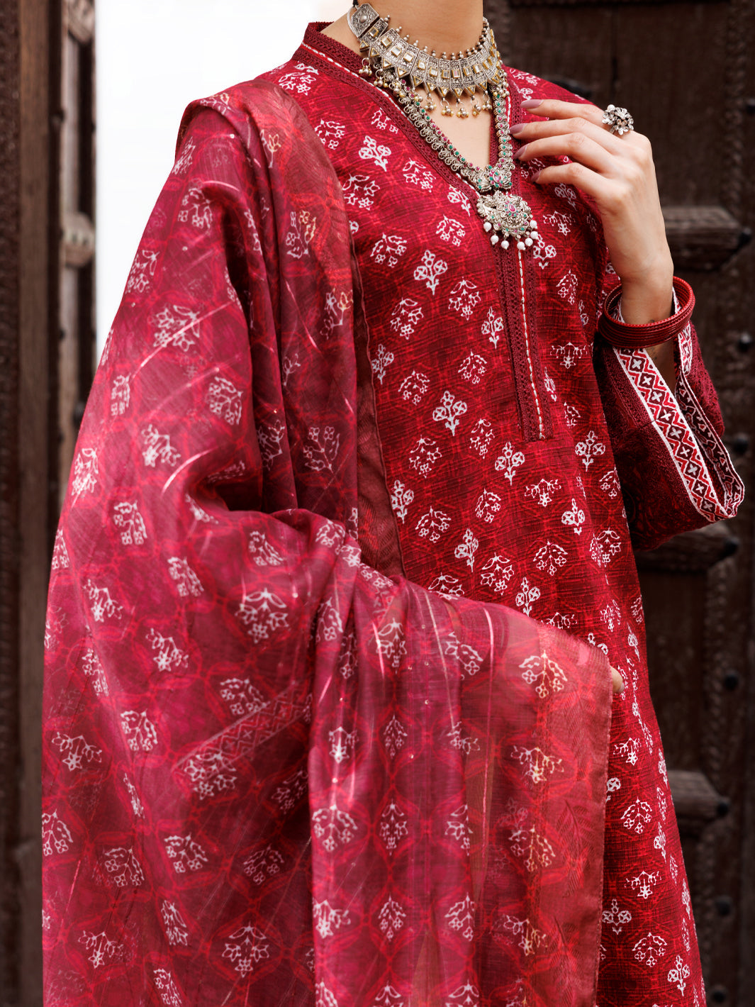 Square Dobby Maroon Stitched Suit - Almirah