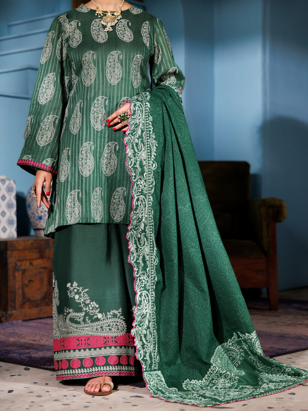 Strip Dobby Green Stitched Suit - Almirah