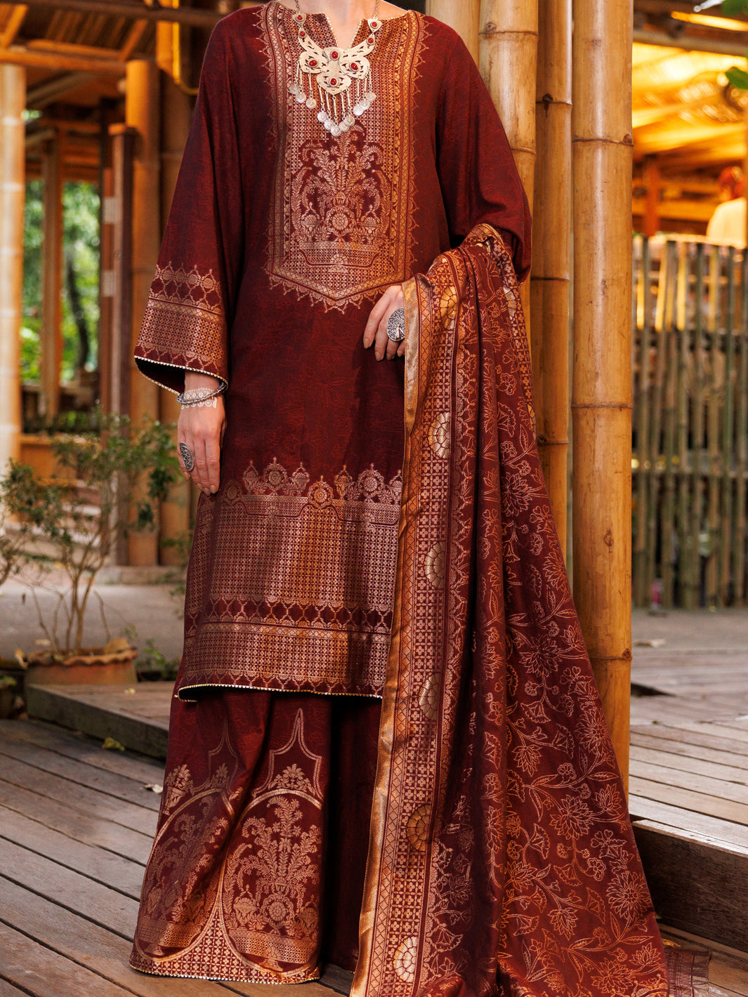 Yarn Dyed Jacquard Maroon Stitched Suit - Almirah